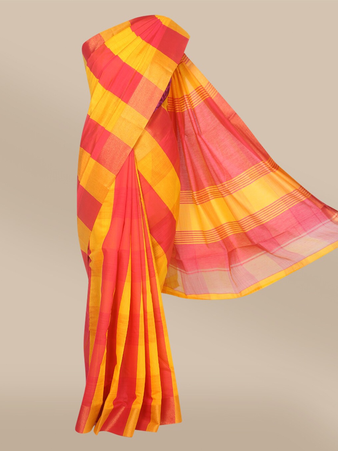 

The Chennai Silks Pink & Yellow Striped Saree