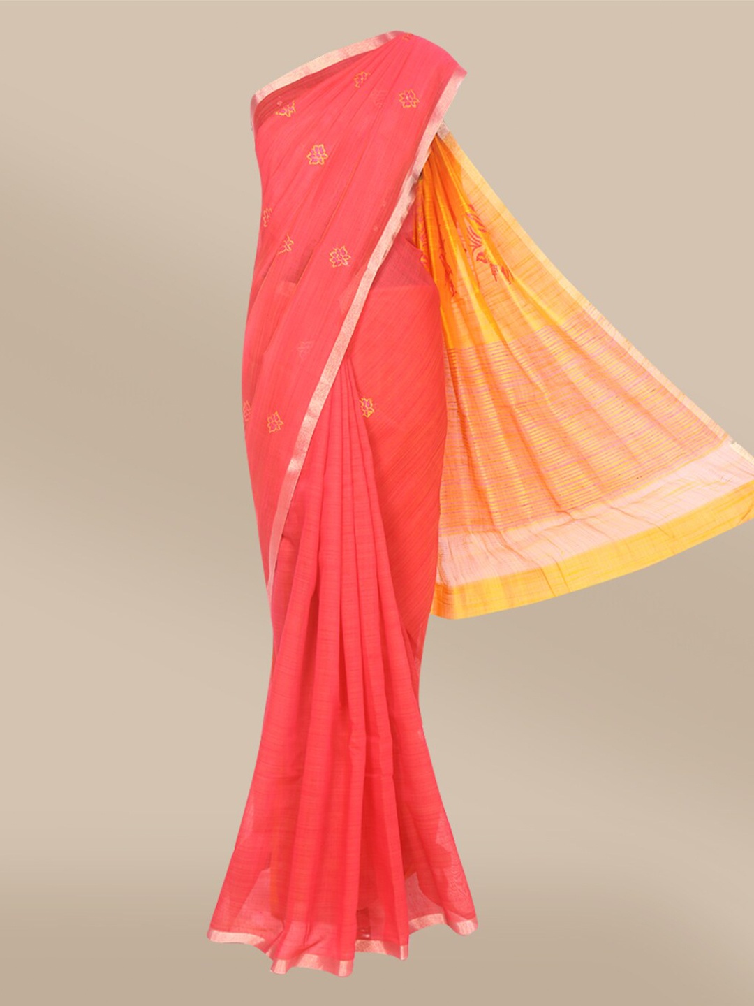 

The Chennai Silks Red & Orange Floral Embroidered Fusion Saree