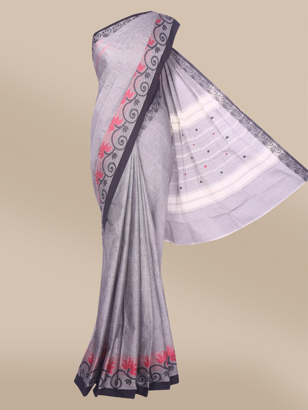

The Chennai Silks Grey & Pink Floral Pure Cotton Chettinad Saree