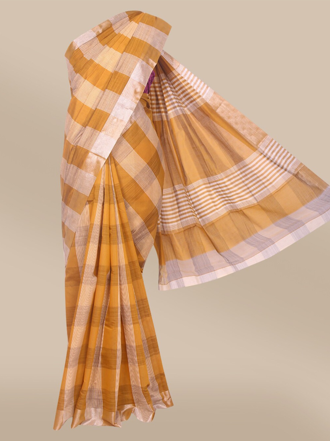 

The Chennai Silks Mustard & Silver-Toned Checked Fusion Saree