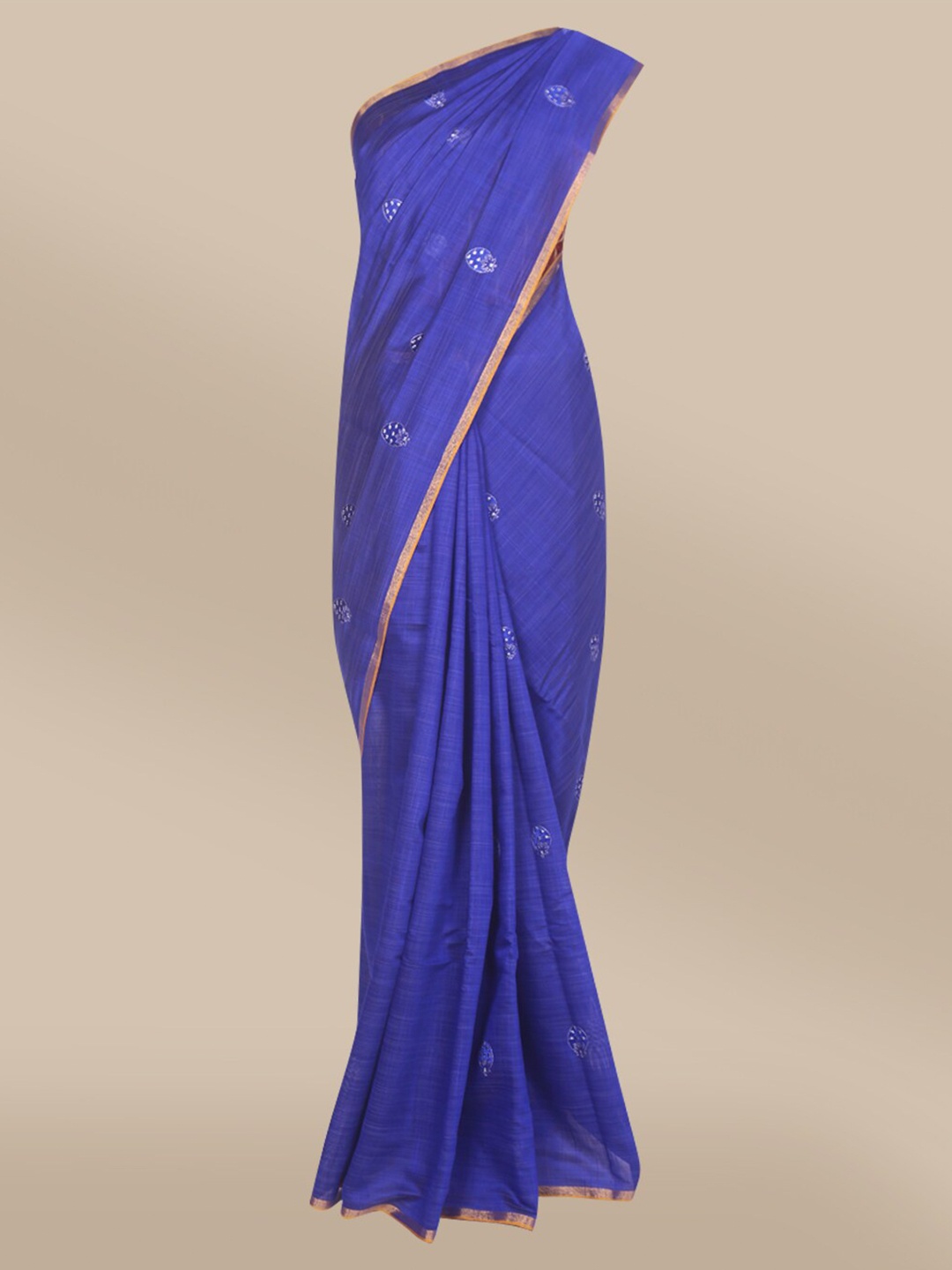 

The Chennai Silks Navy Blue & Gold-Toned Floral Embroidered Saree