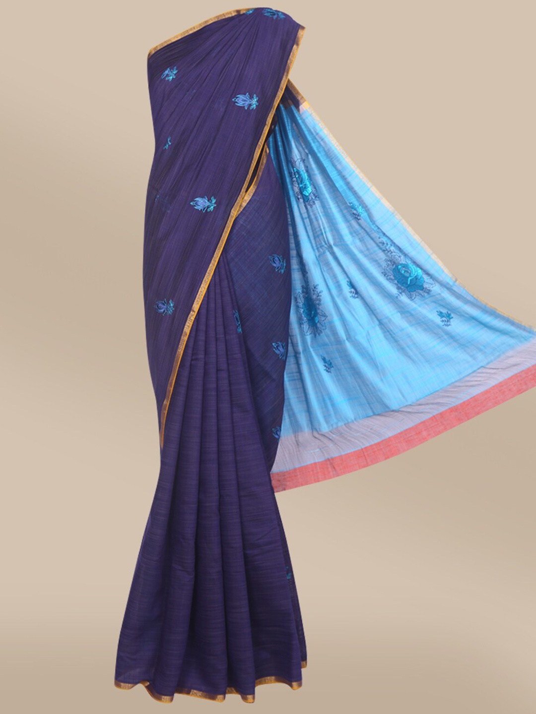 

The Chennai Silks Navy Blue Floral Zari Mercerized Cotton Saree