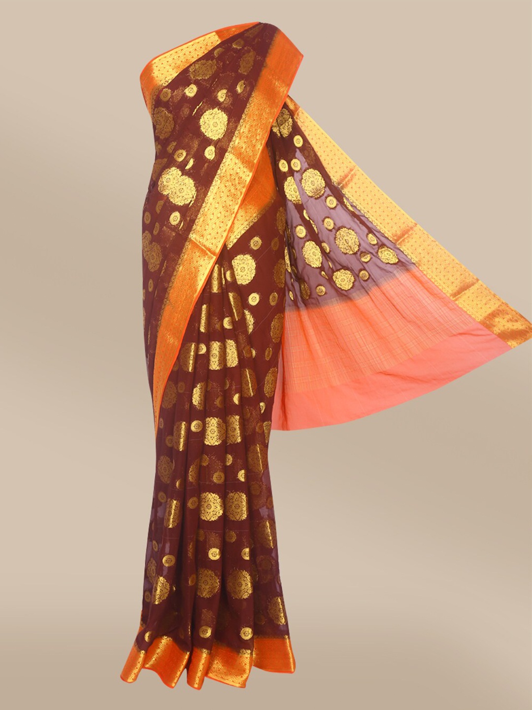 

The Chennai Silks Brown & Gold-Toned Woven Design Zari Mysore Silk Saree
