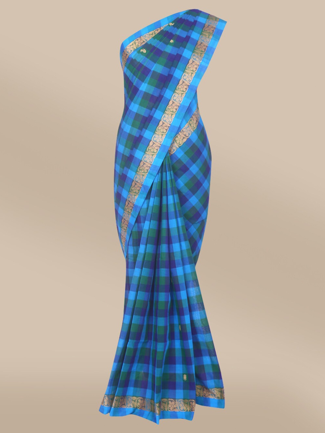 

The Chennai Silks Blue & Gold-Toned Checked Pure Cotton Fusion Chettinad Saree