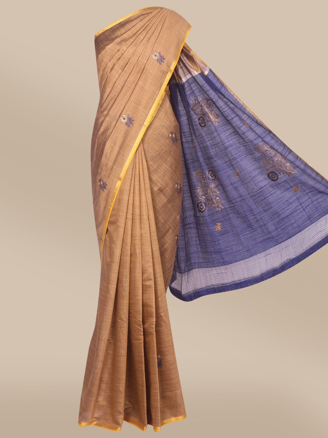 

The Chennai Silks Khaki & Blue Floral Embroidered Saree