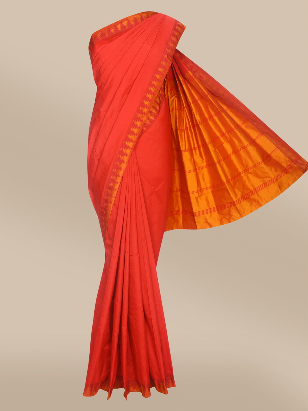 

The Chennai Silks Red & Gold-Toned Pure Silk Fusion Saree