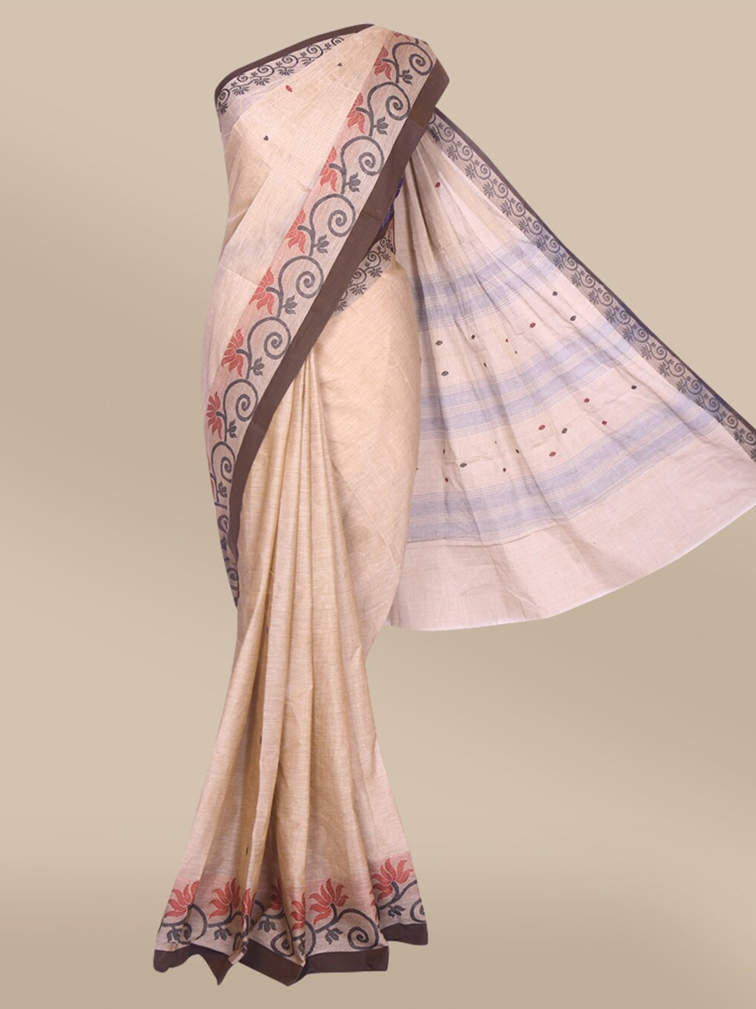 

The Chennai Silks Grey & Red Ethnic Motifs Pure Cotton Fusion Chettinad Saree