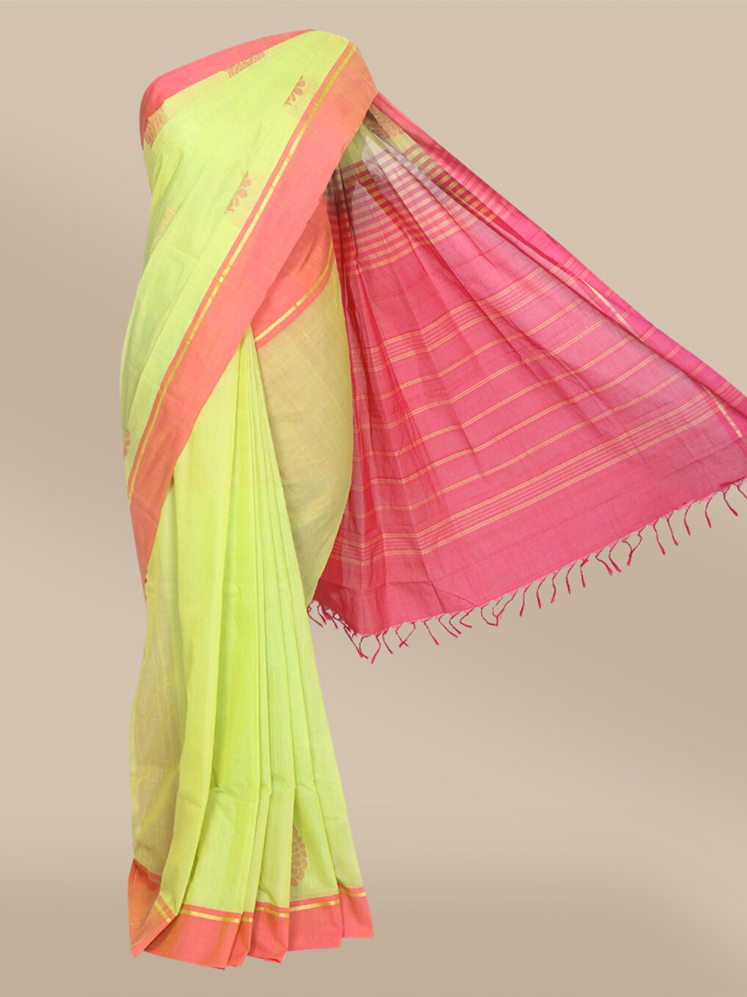 

The Chennai Silks Green & Pink Woven Design Zari Pure Cotton Chettinad Saree