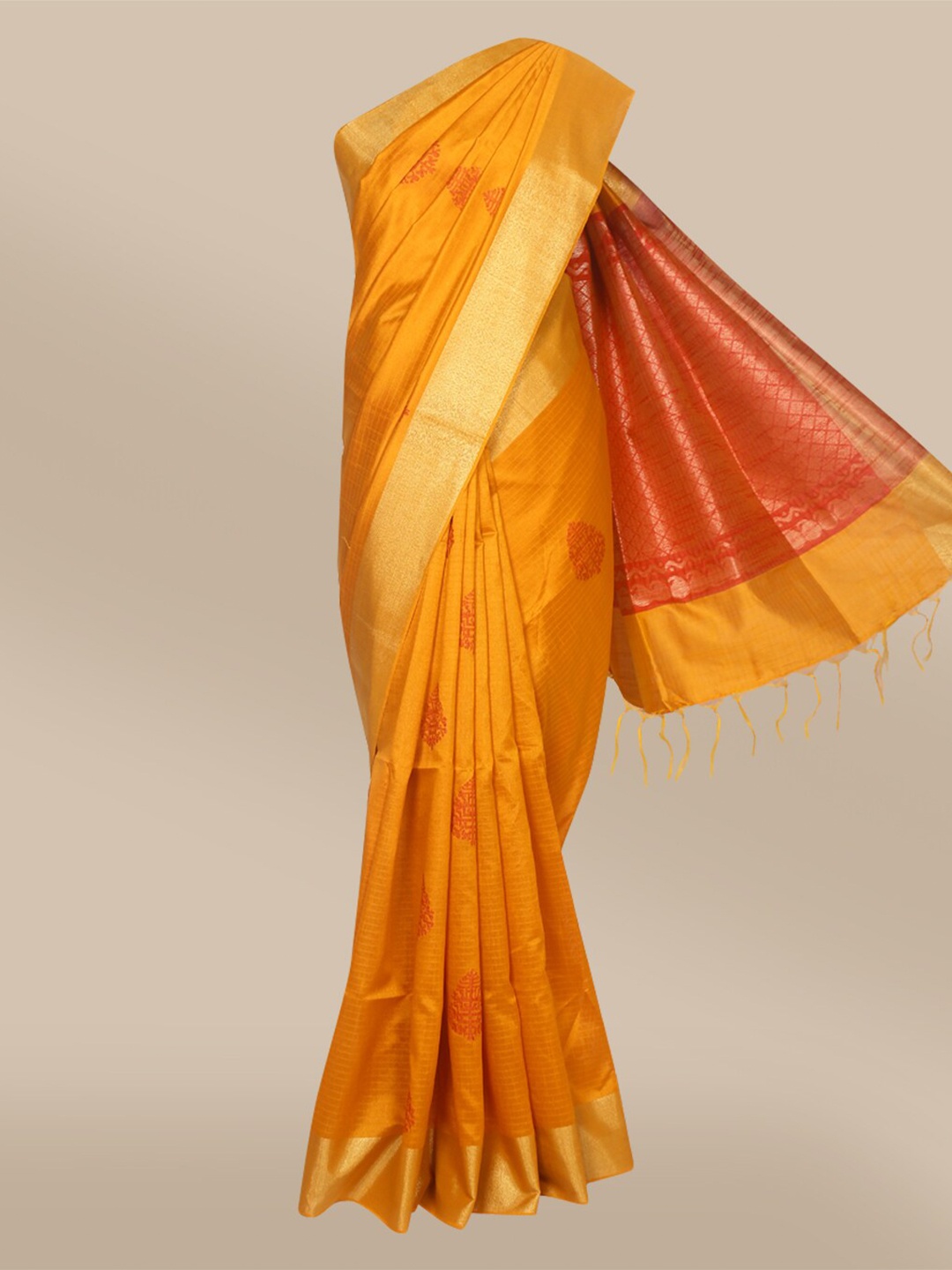 

The Chennai Silks Mustard & Red Woven Design Zari Fusion Banarasi Saree