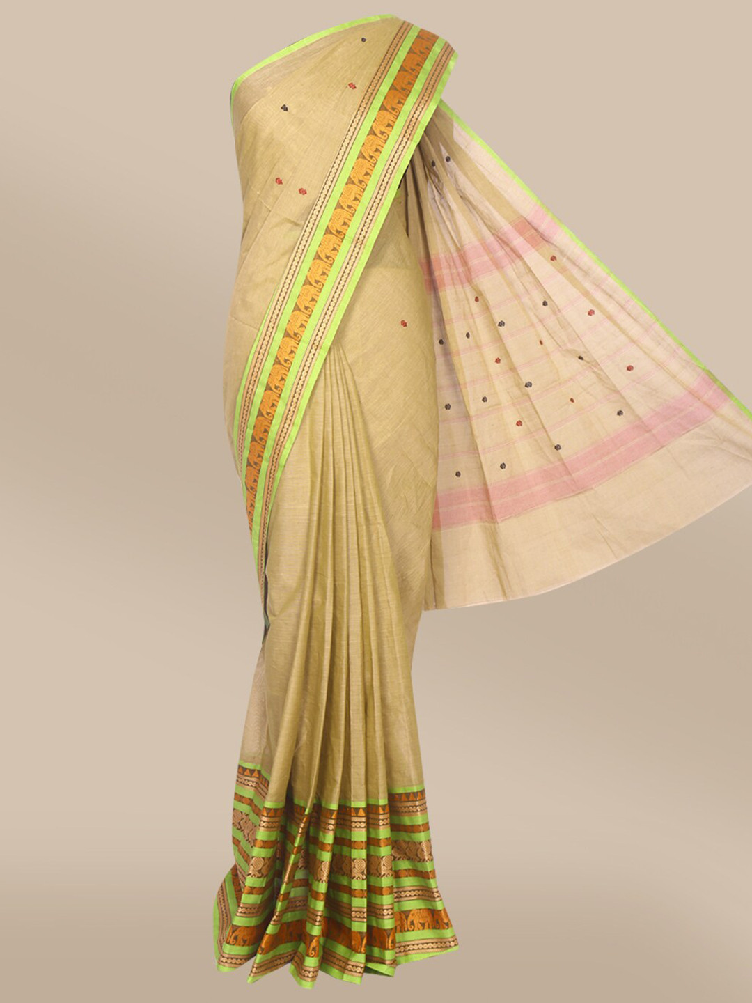 

The Chennai Silks Olive Green & Mustard Woven Design Pure Cotton Fusion Chettinad Saree