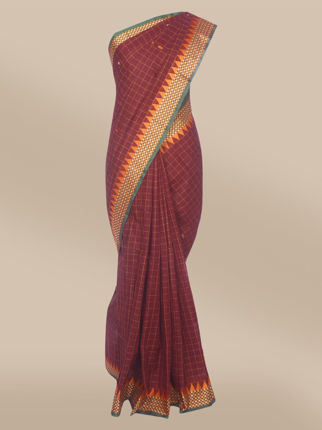 

The Chennai Silks Brown & Green Checked Zari Pure Cotton Fusion Chettinad Saree