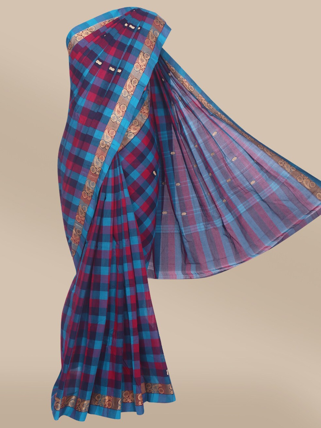 

The Chennai Silks Blue & Pink Checked Zari Pure Cotton Fusion Chettinad Saree