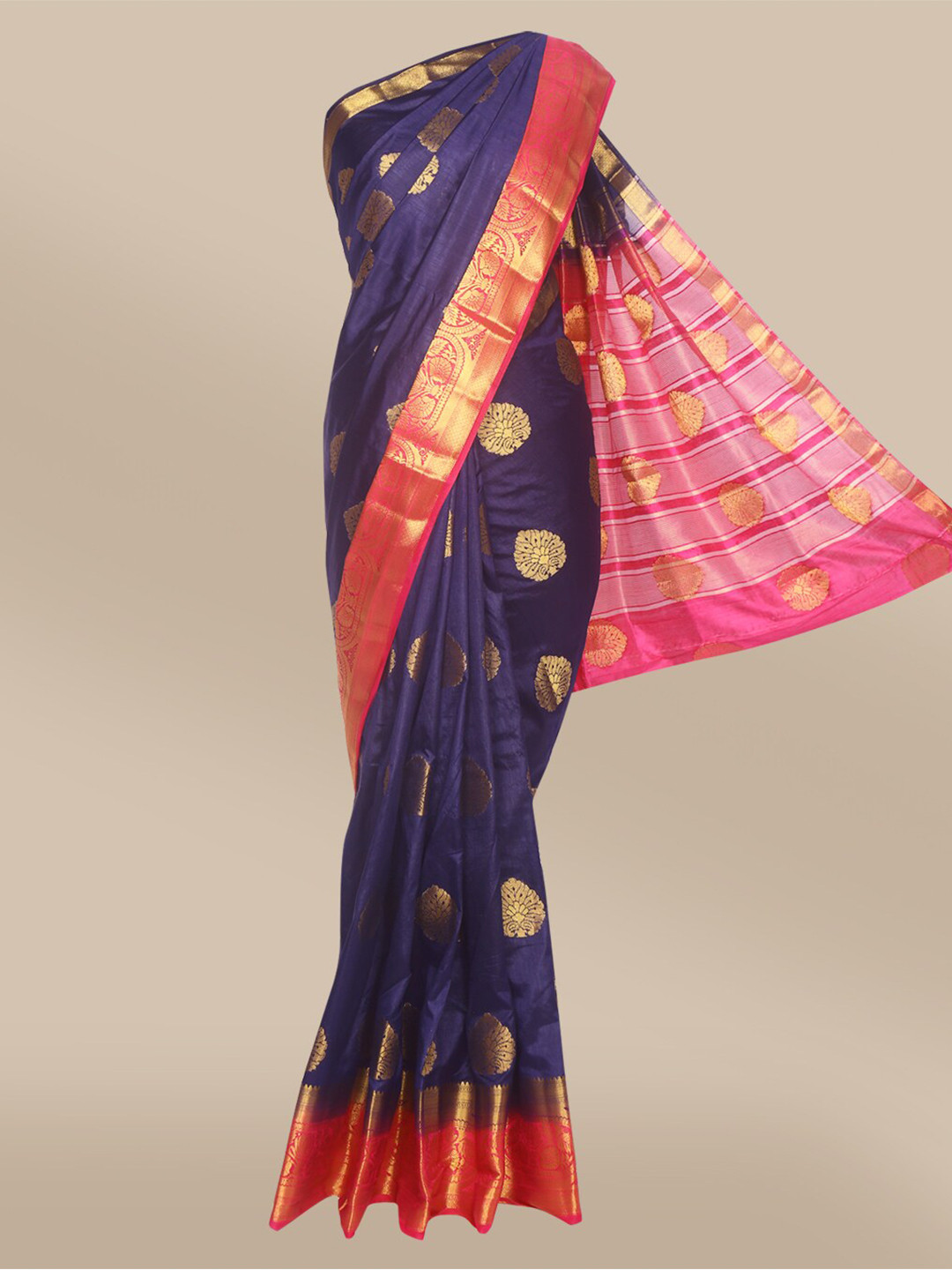 

The Chennai Silks Navy Blue & Pink Ethnic Motifs Zari Saree