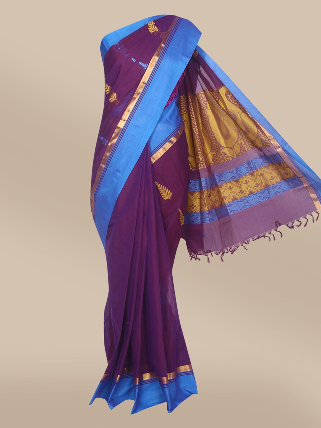 

The Chennai Silks Violet & Blue Ethnic Motifs Silk Cotton Kovai Saree
