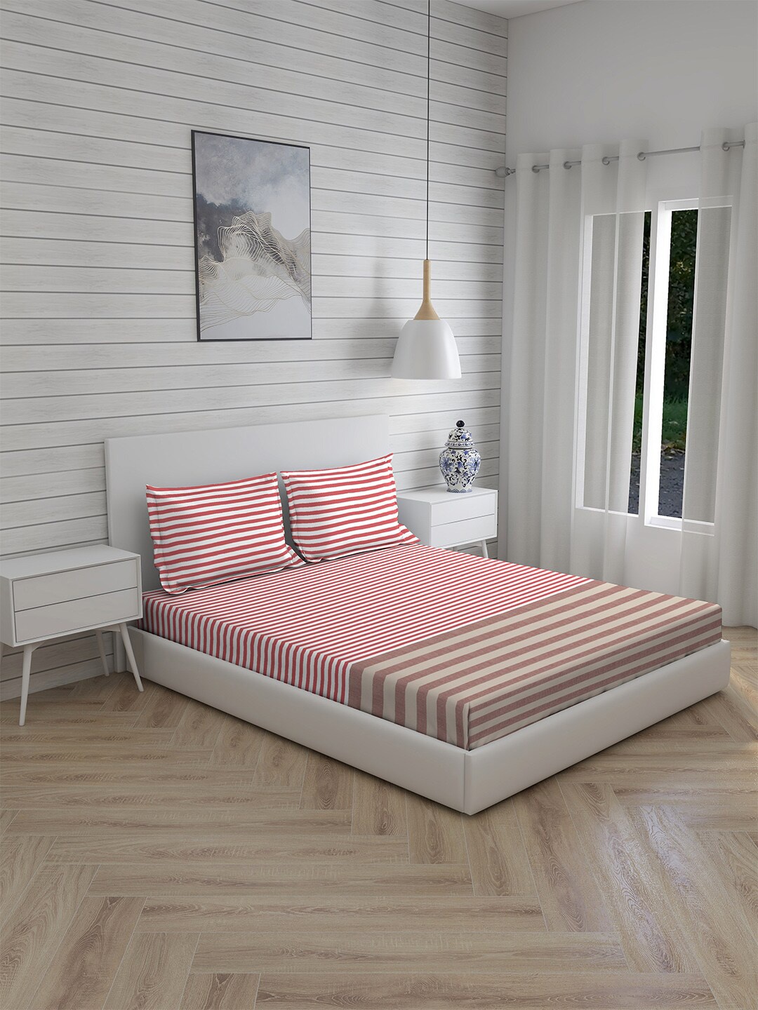 

Boutique Living India Red & White Striped 160 TC King Bedsheet with 2 Pillow Covers