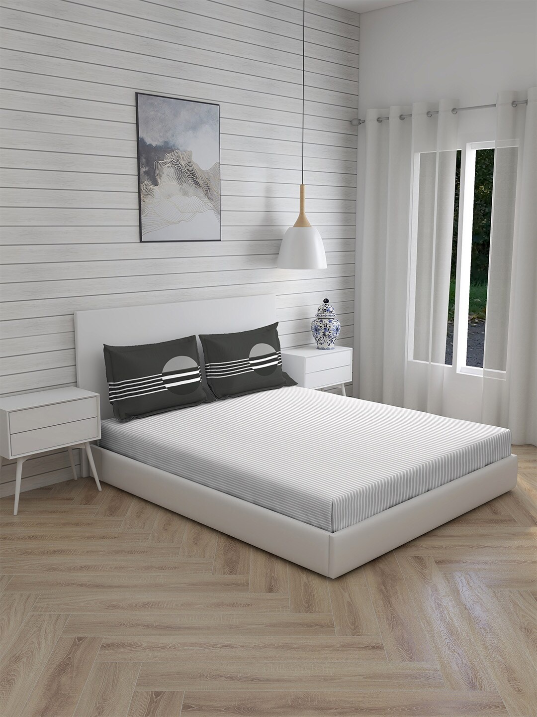 

Boutique Living India Grey Striped 300 TC King Bedsheet with 2 Pillow Covers