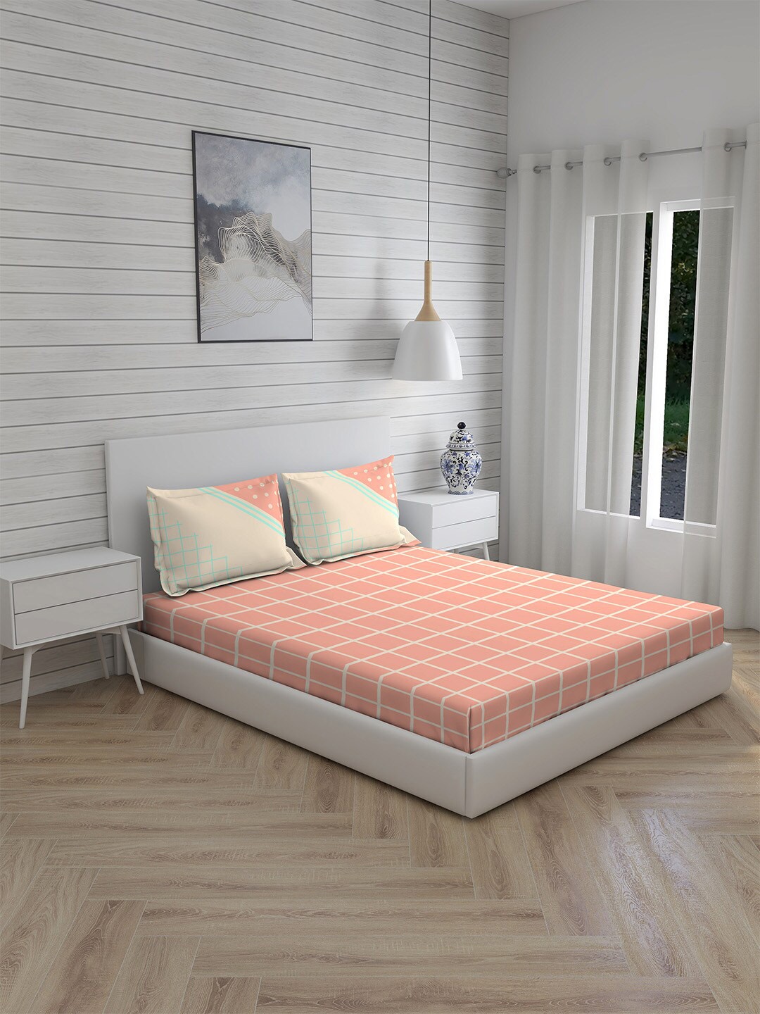 

Boutique Living India Coral & Cream Memphis Art 160 TC King Bedsheet & 2 Pillow Covers