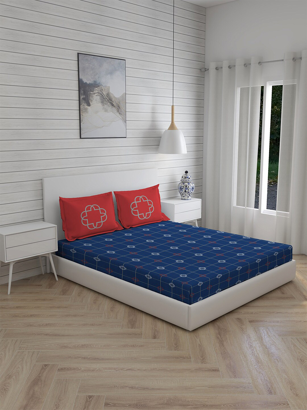 

Boutique Living India Navy Blue & Grey 300 TC Cotton King Bedsheet with 2 Pillow Covers