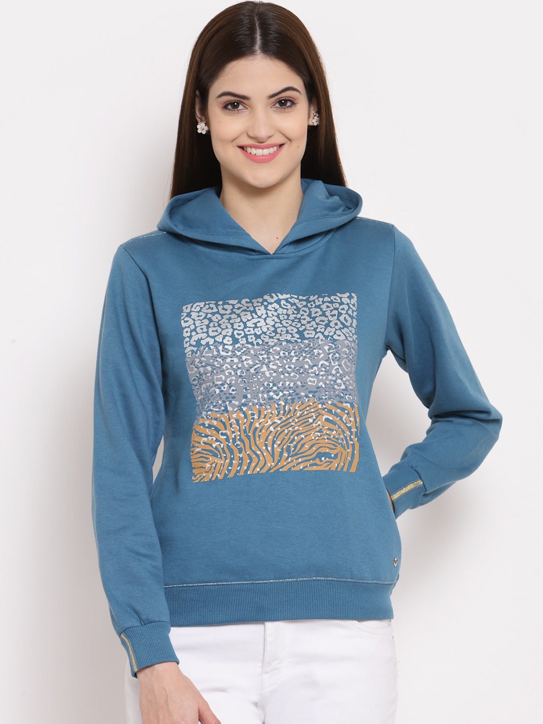 

Juelle Women Blue Printed Hooded Sweatshirt
