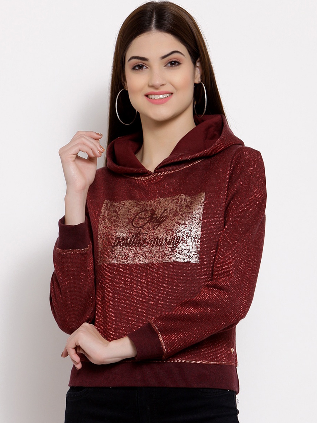 

Juelle Women Maroon Printed Hooded Sweatshirt