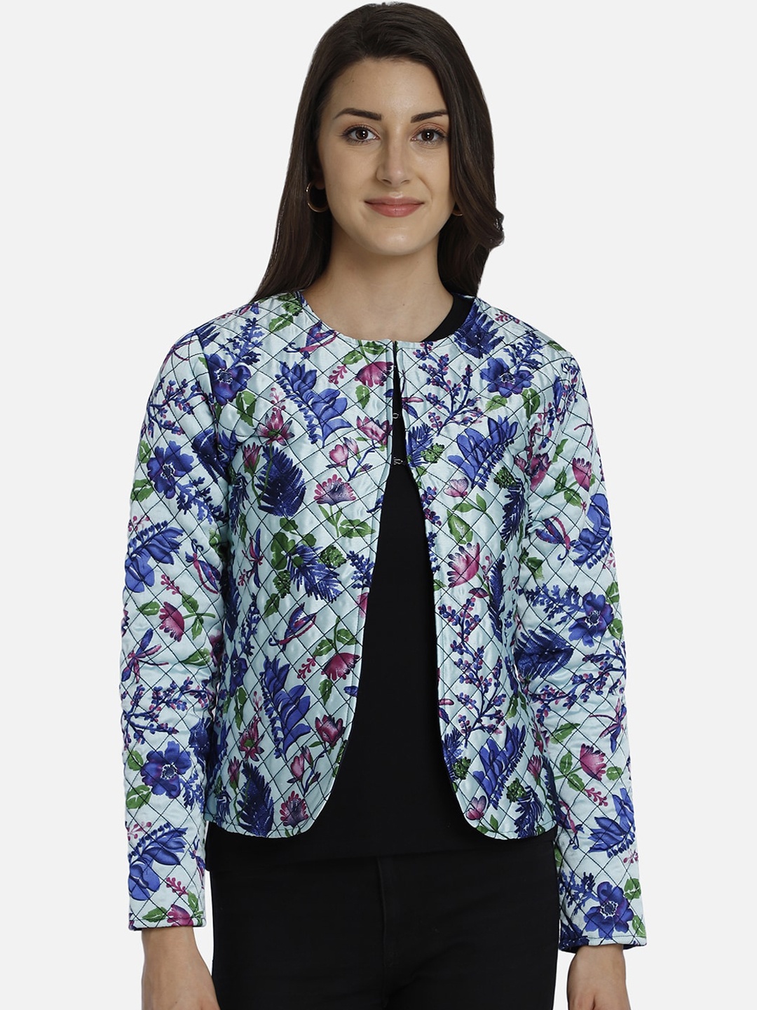 

Yaadleen Women Turquoise Blue Floral Tailored Jacket