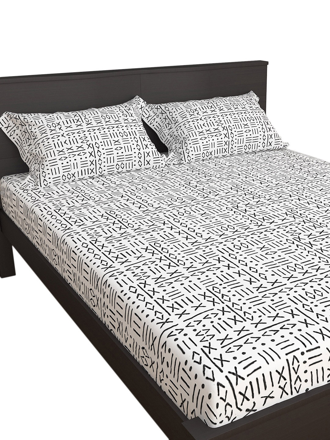 

Home Centre White & Black Geometric Printed Pure Cotton Set Of 3 King Bedsheet with 2 Pillow Covers
