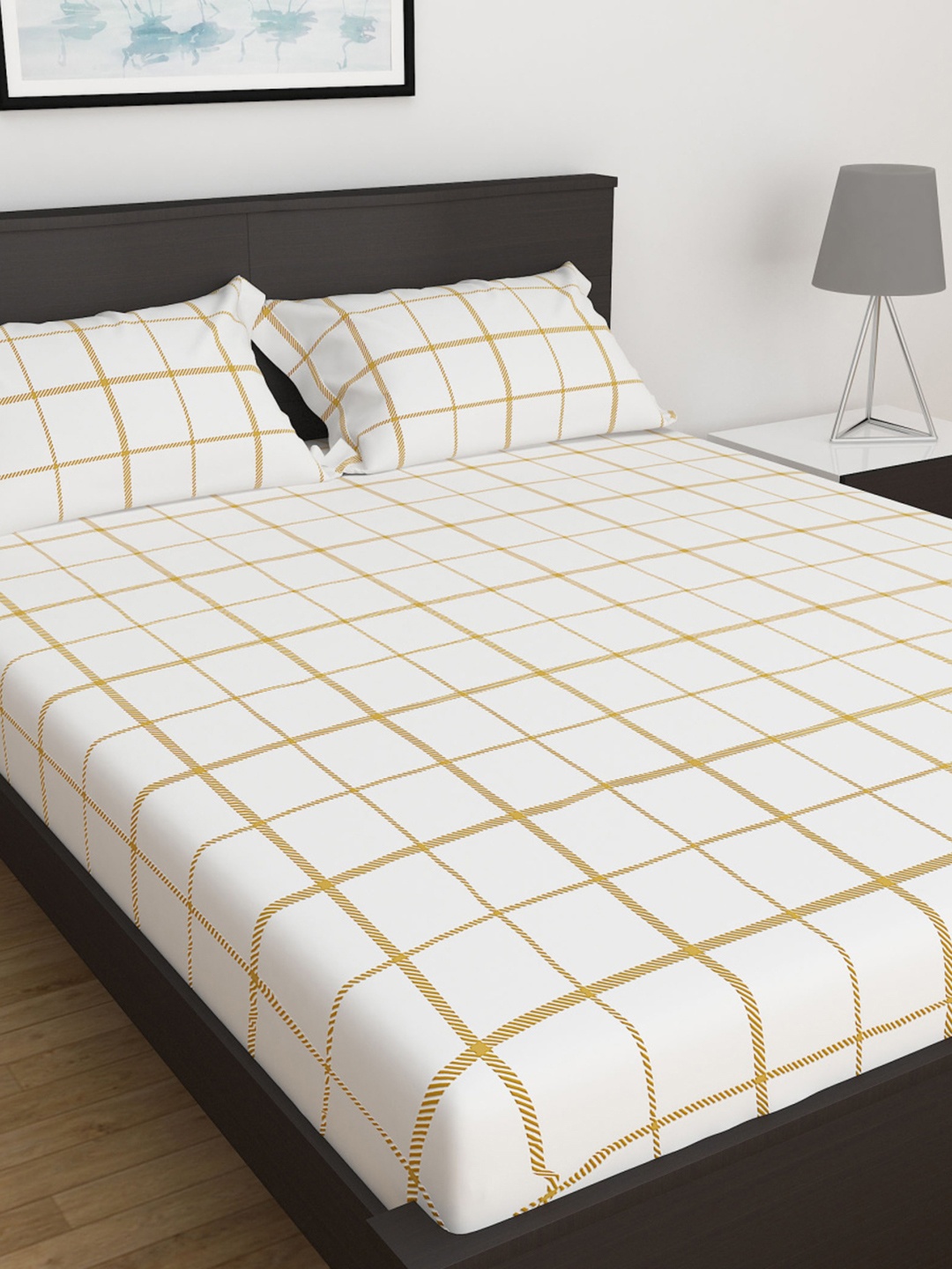 

Home Centre White & Yellow Geometric King Bedsheet with 2 Pillow Covers