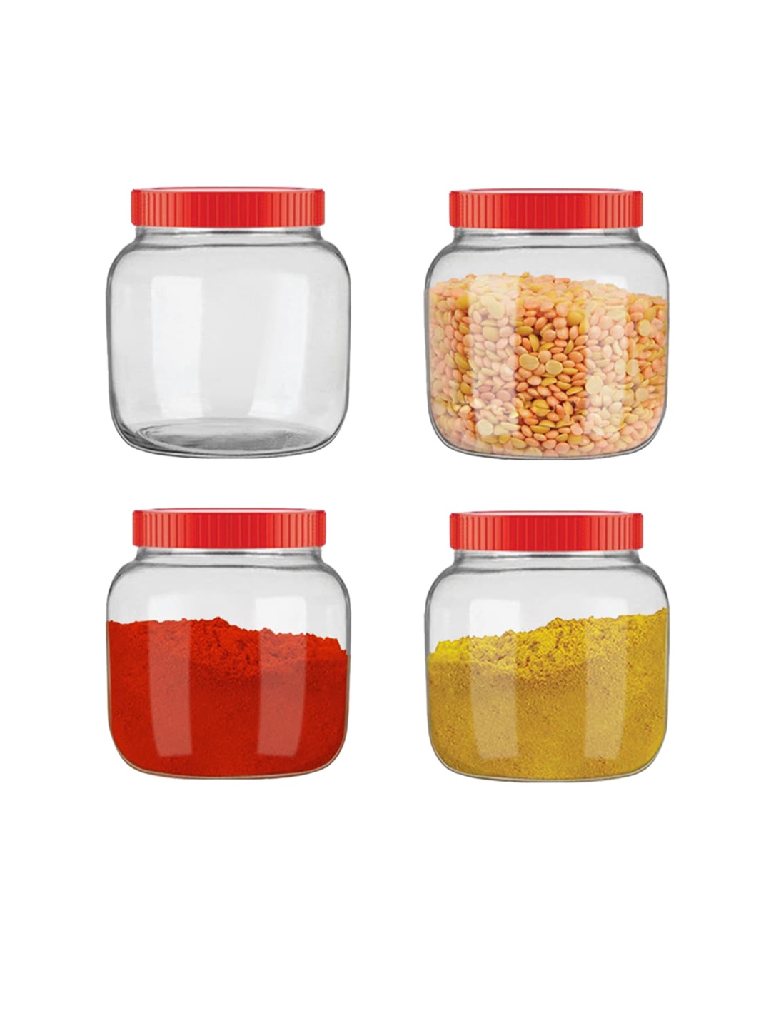 

Home Centre Set Of 4 Transparent & Red Solid Corsica Essentials Airtight Glass Jars With Lid 250ML
