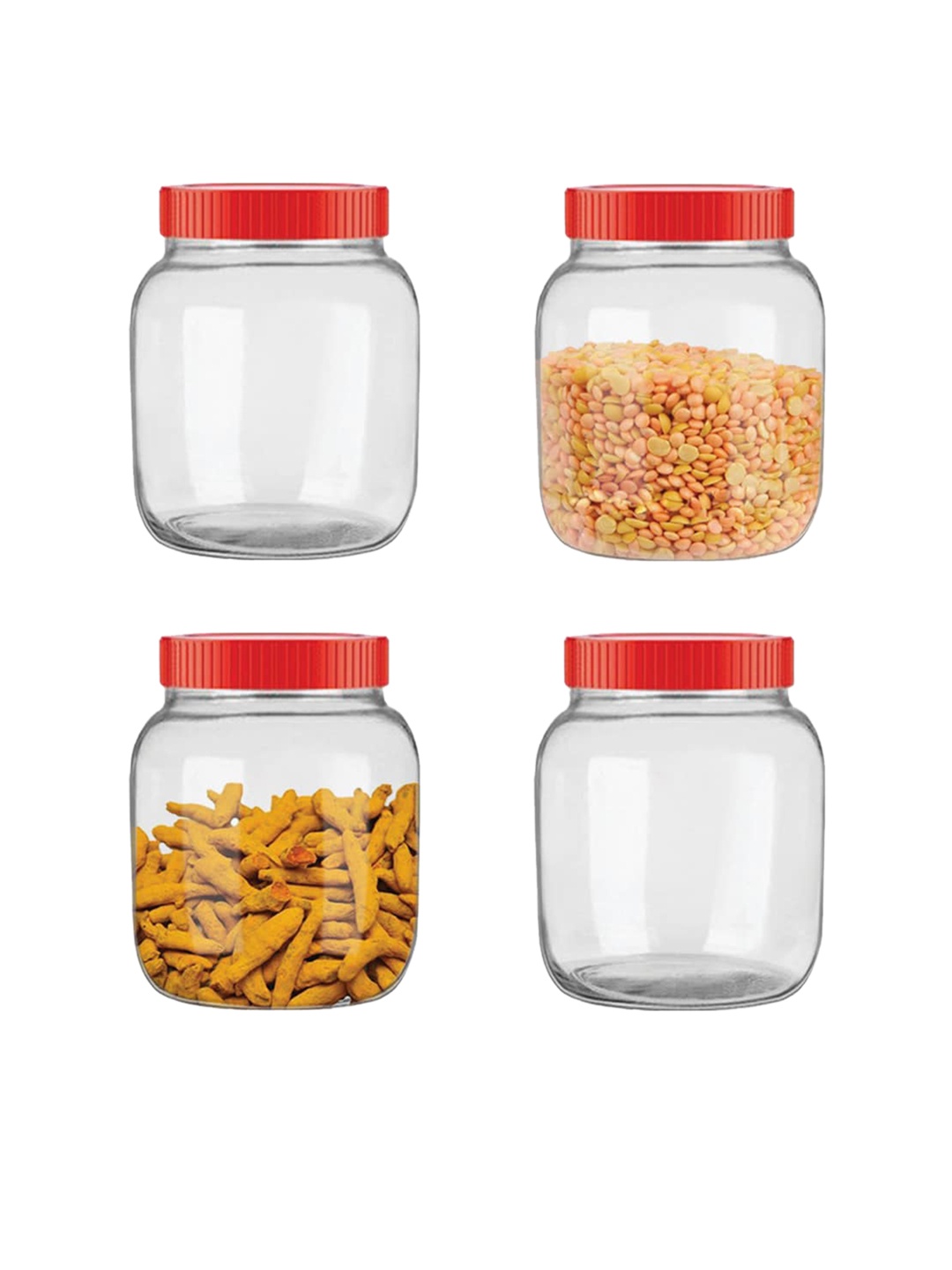 

Home Centre Set Of 4 Transparent & Red Solid Air-Tight Glass Food Container