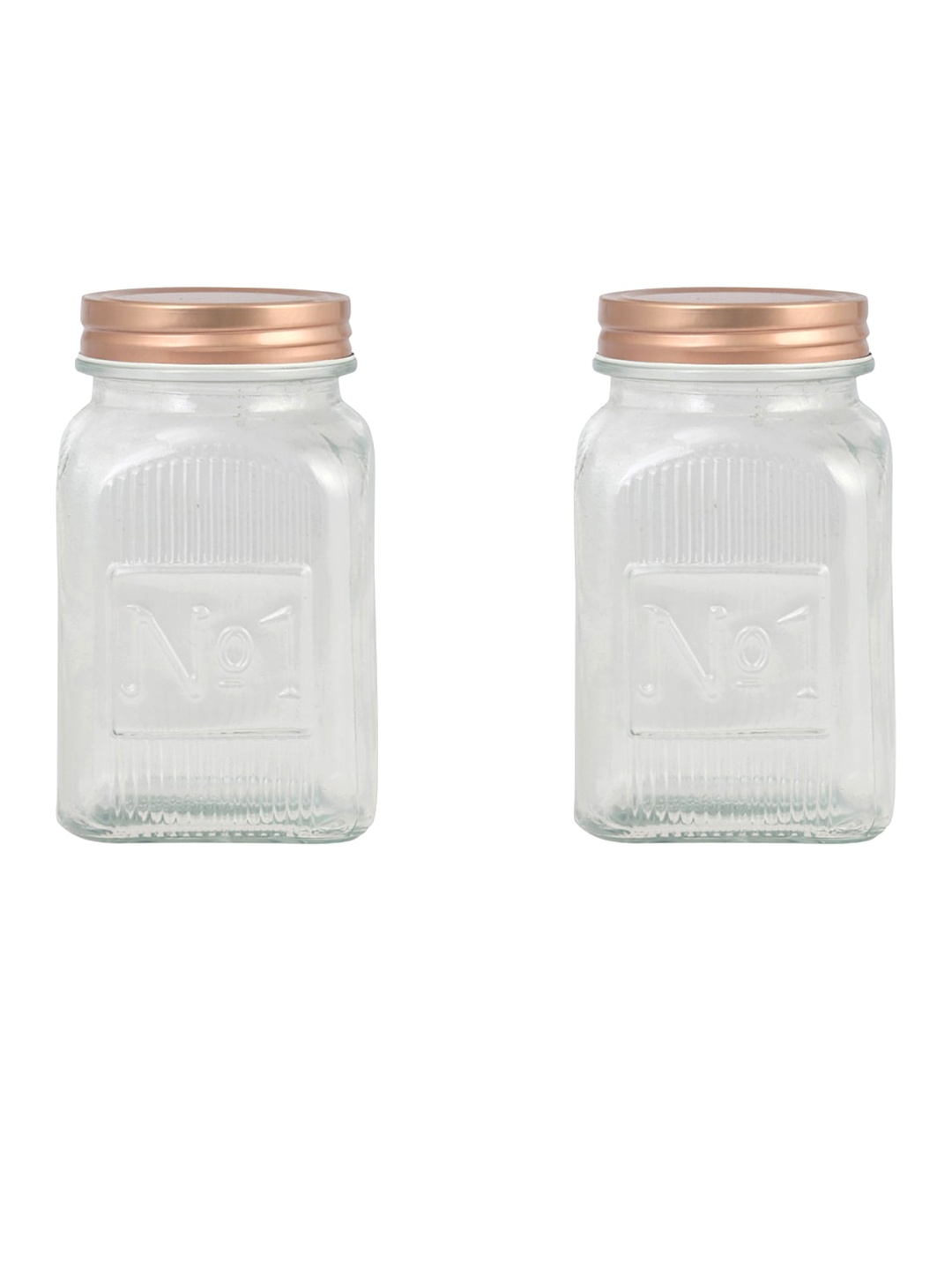 

Home Centre Set Of 2 Transparent Embossed Glass Jars with Lid - 250 ml