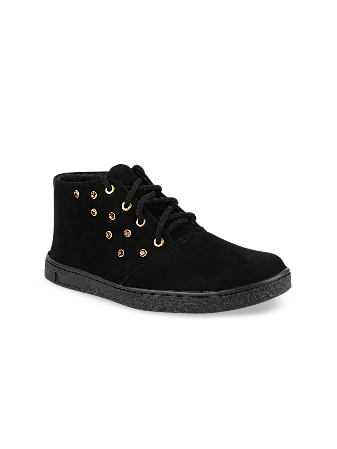 

Shoetopia Women Black Embellished Mid Top Sneakers