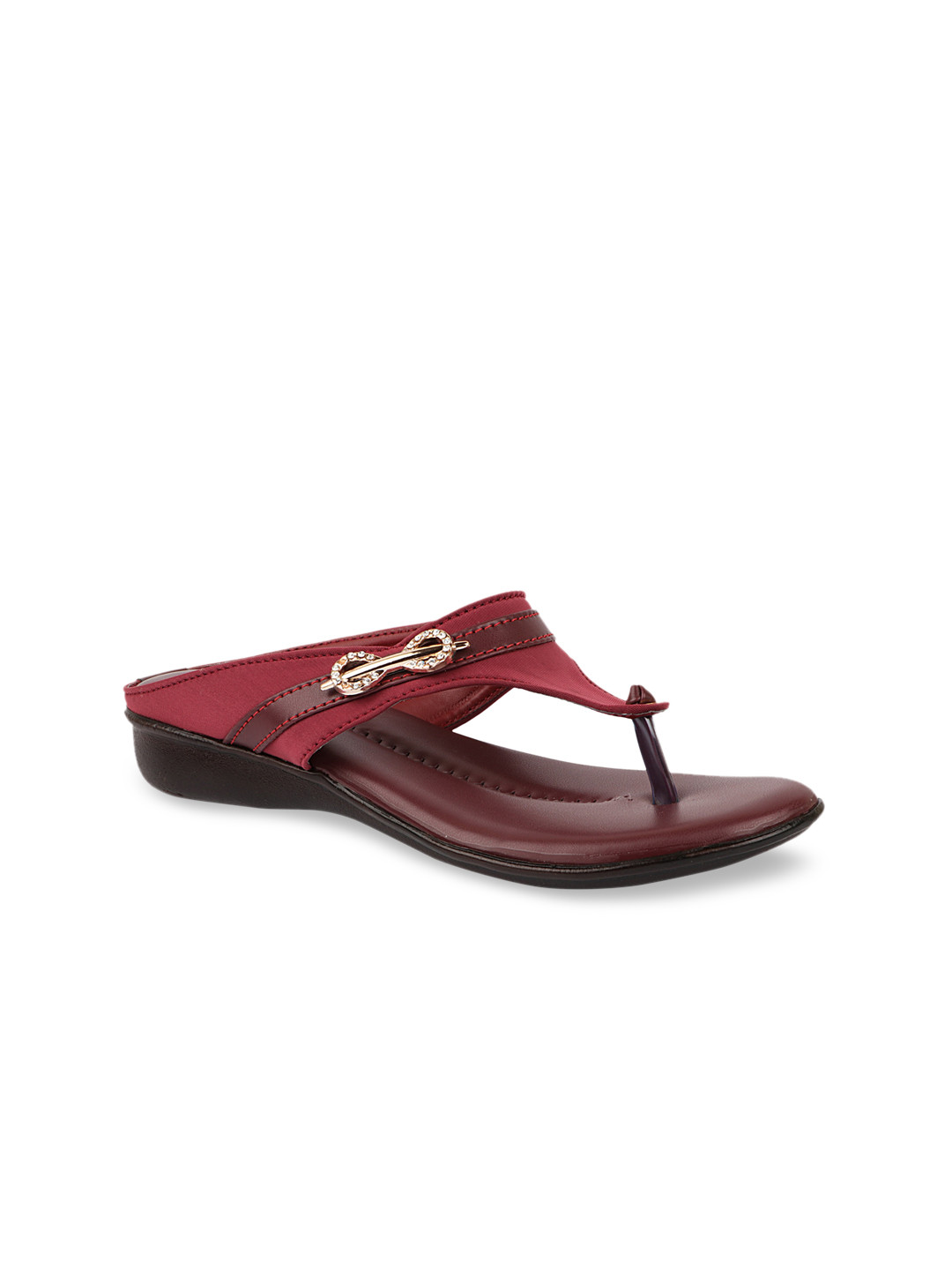 

Shoetopia Women Maroon T-Strap Flats with Laser Cuts