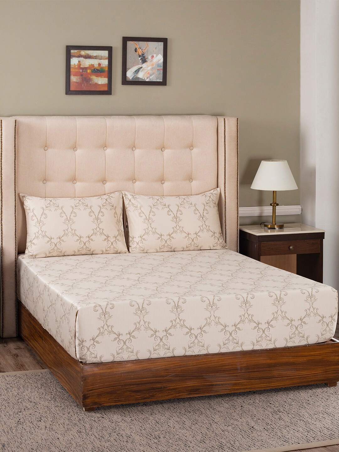 

MASPAR Beige & Grey Geometric 400 TC King Bedsheet with 2 Pillow Covers