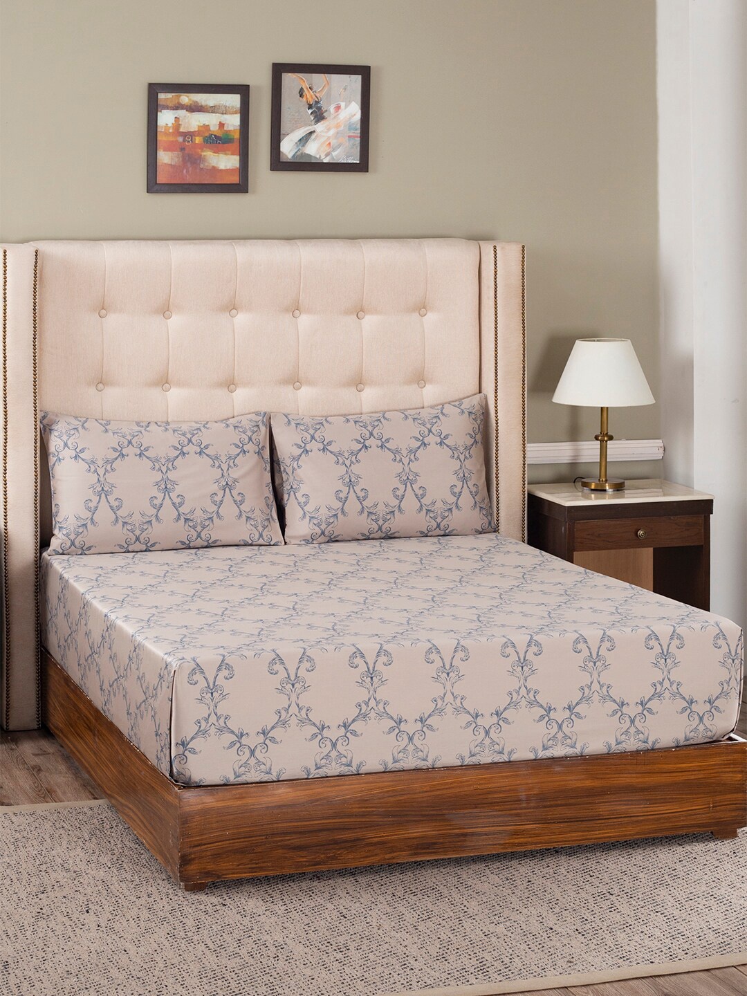 

MASPAR Blue & Cream-Coloured Ethnic Motifs 400 TC King Bedsheet with 2 Pillow Covers