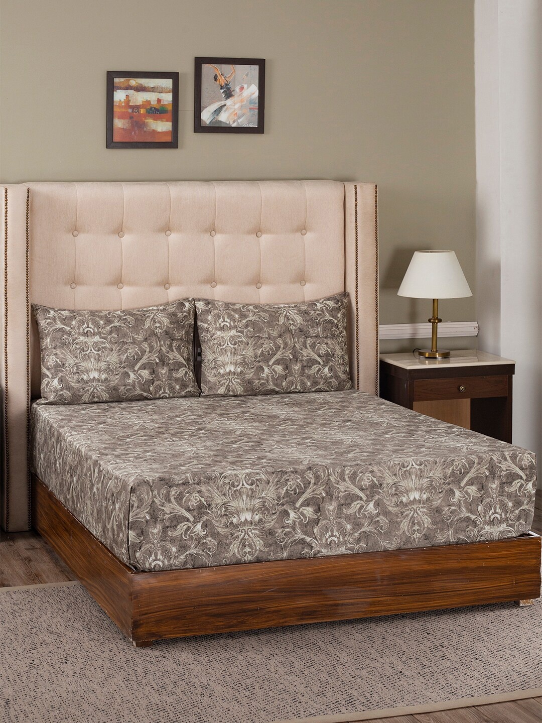 

MASPAR Cotton Beige & Grey Floral Printed 400 TC King Bedsheet With 2 Pillow Covers