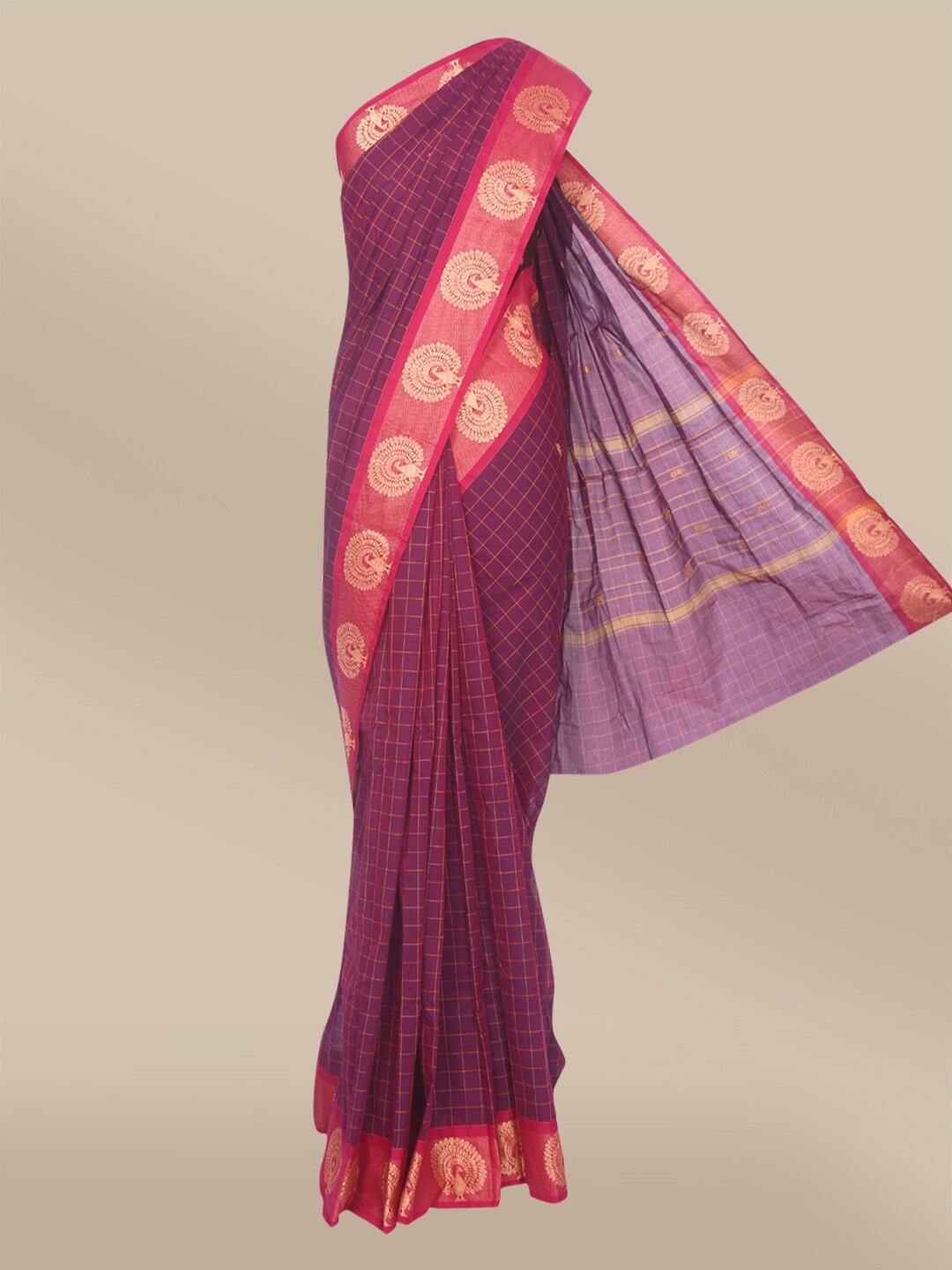 

The Chennai Silks Violet & Gold-Toned Checked Zari Pure Cotton Fusion Chettinad Saree