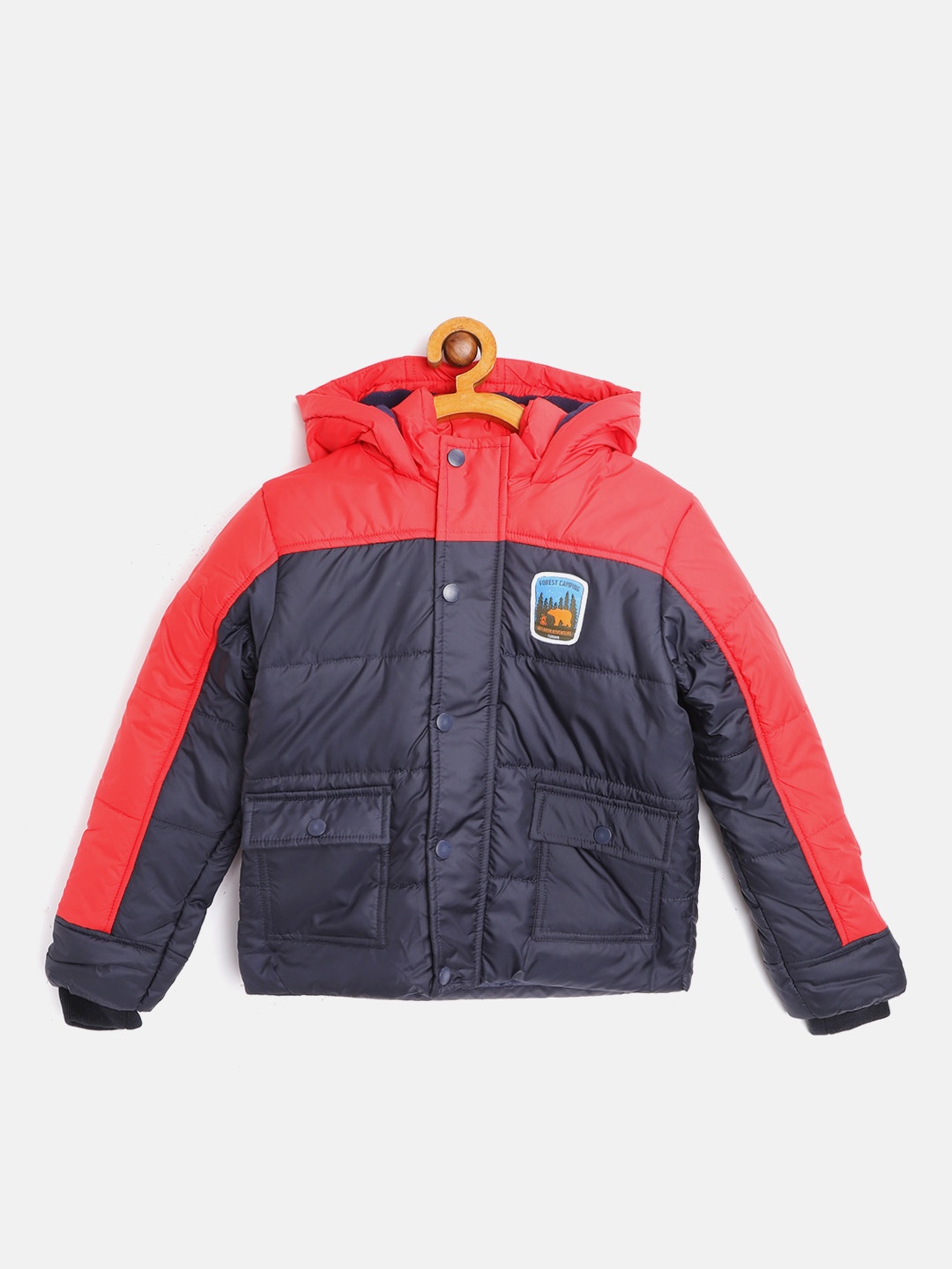 

Indian Terrain Boys Navy Blue & Red Colourblocked Hooded Padded Jacket