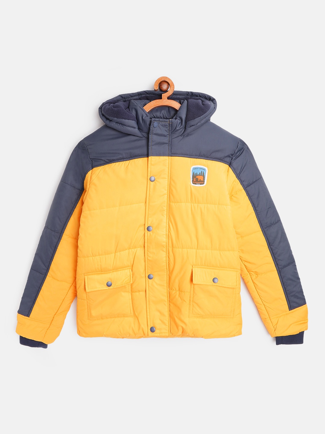 

Indian Terrain Boys Yellow & Navy Blue Colourblocked Hooded Padded Jacket