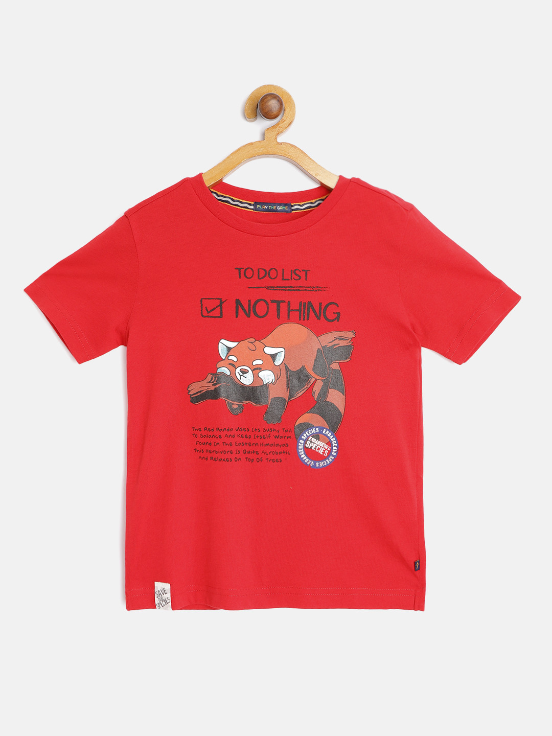 

Indian Terrain Boys Red & Black Panda Print Organic Cotton T-shirt
