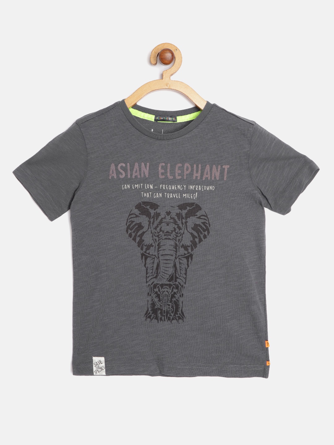 

Indian Terrain Boys Charcoal Grey & Black Elephant Print Organic Cotton T-shirt