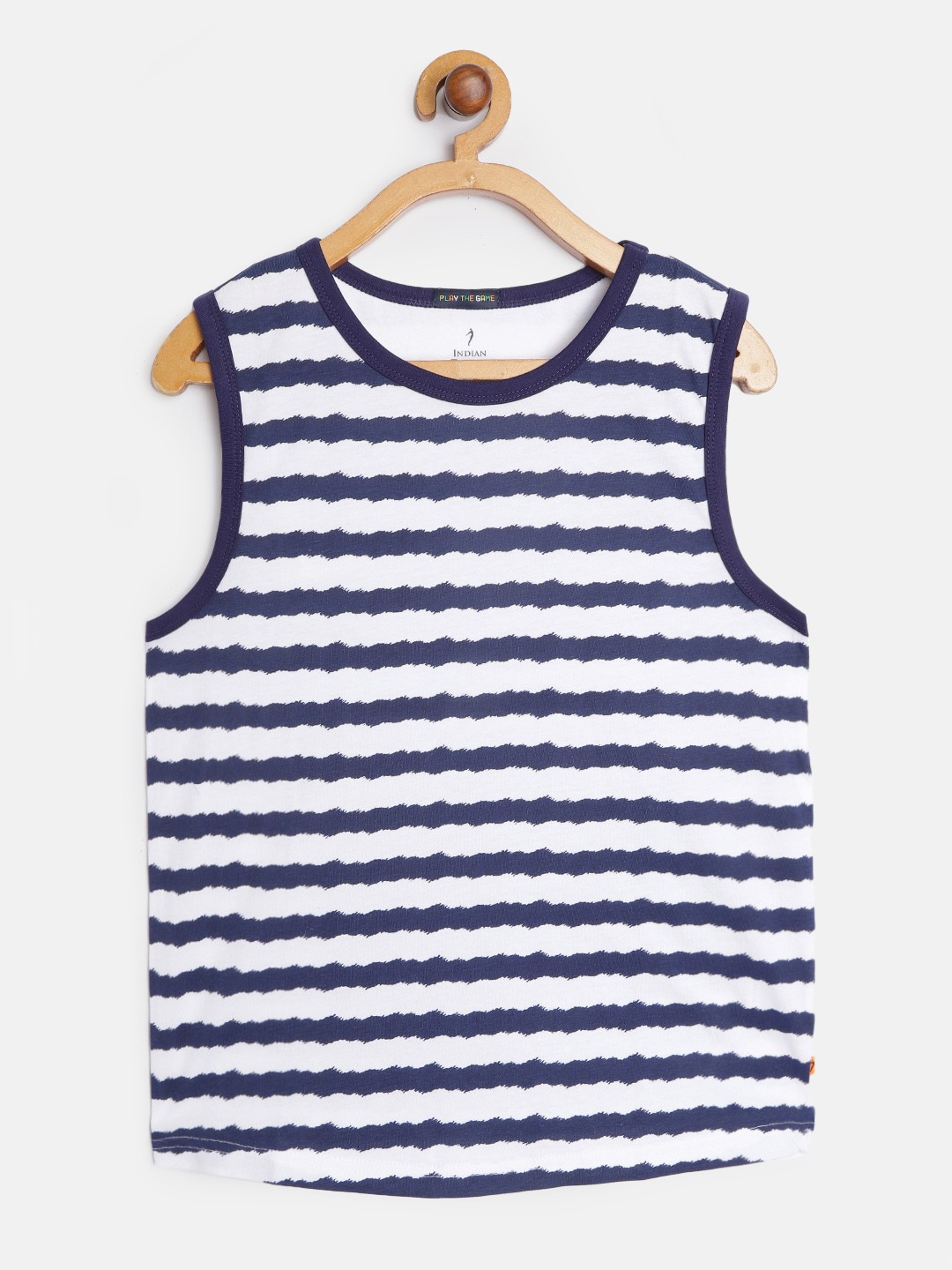 

Indian Terrain Boys White & Navy Blue Pure Cotton Striped Sleeveless T-shirt