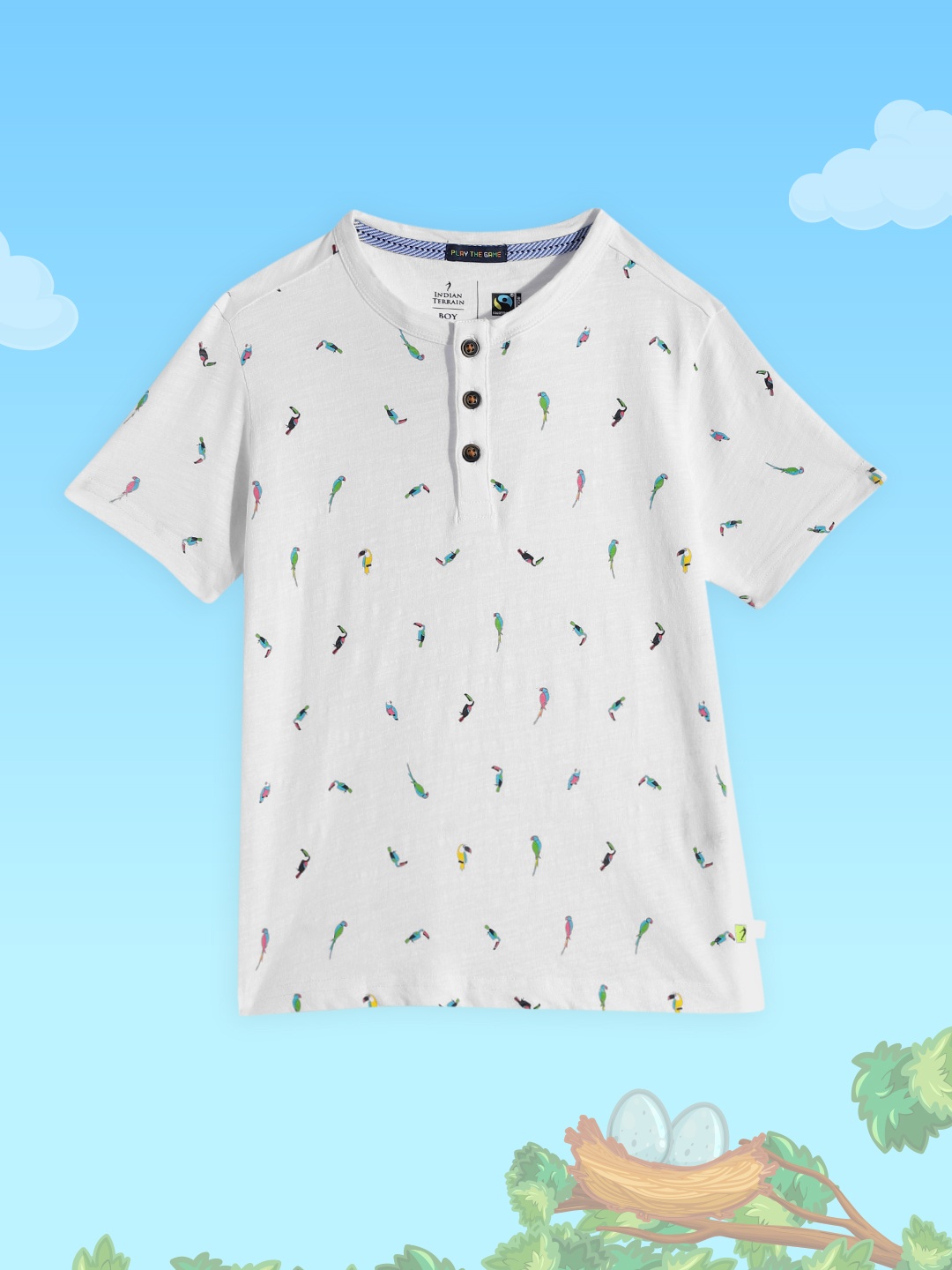 

Indian Terrain Boys White Printed Henley Neck Pure Cotton T-shirt