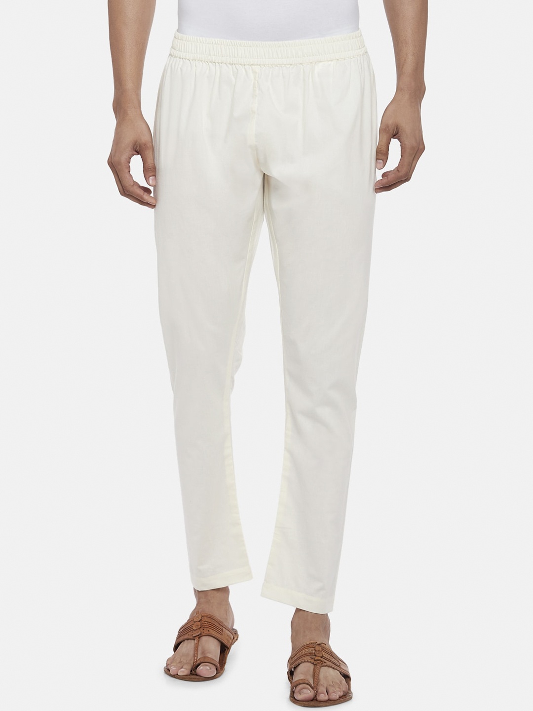 

indus route by Pantaloons Men Off-White Solid Pure Cotton Pyjama