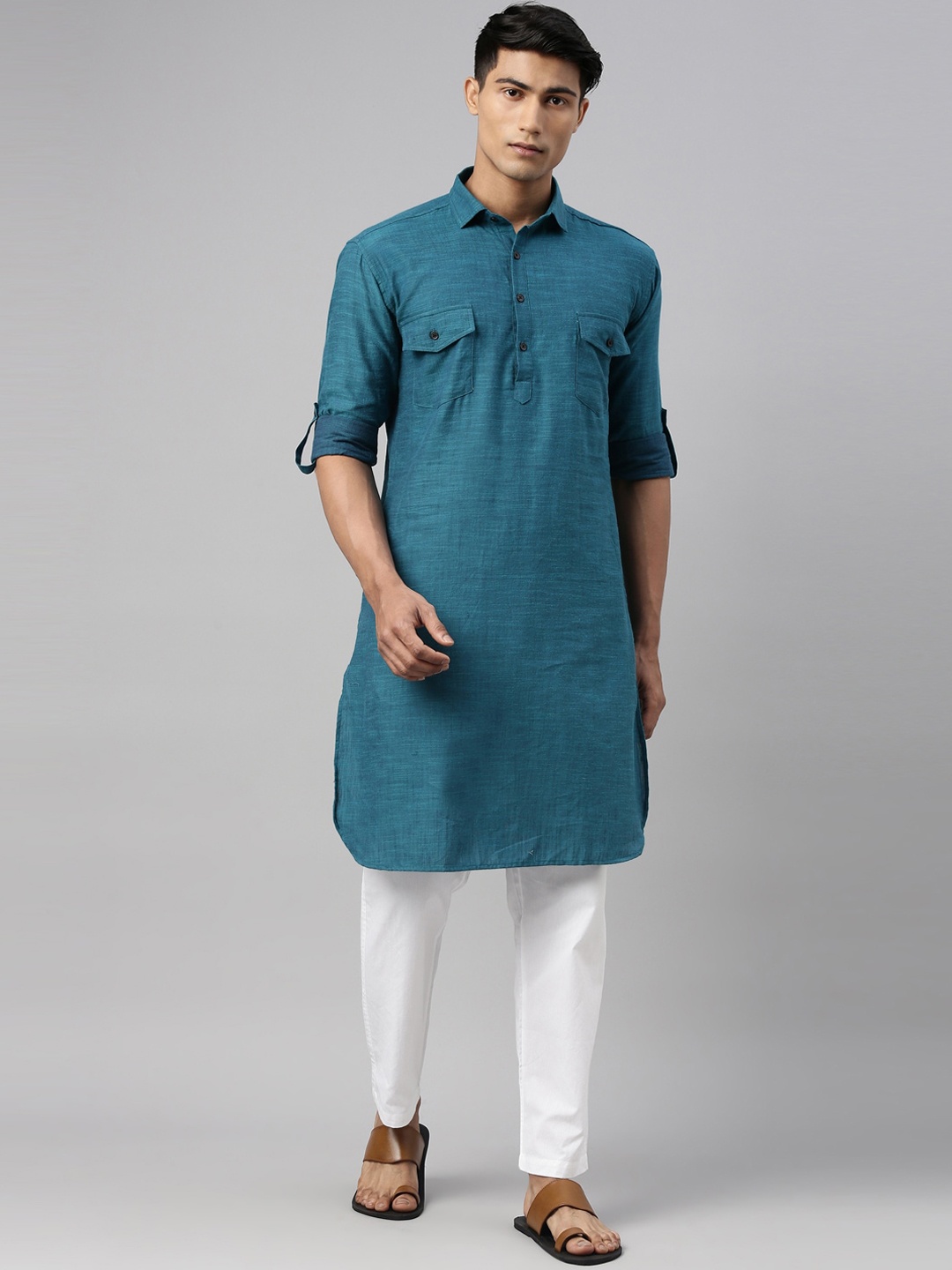 

Kryptic Men Teal Green Pathani Pure Cotton Kurta