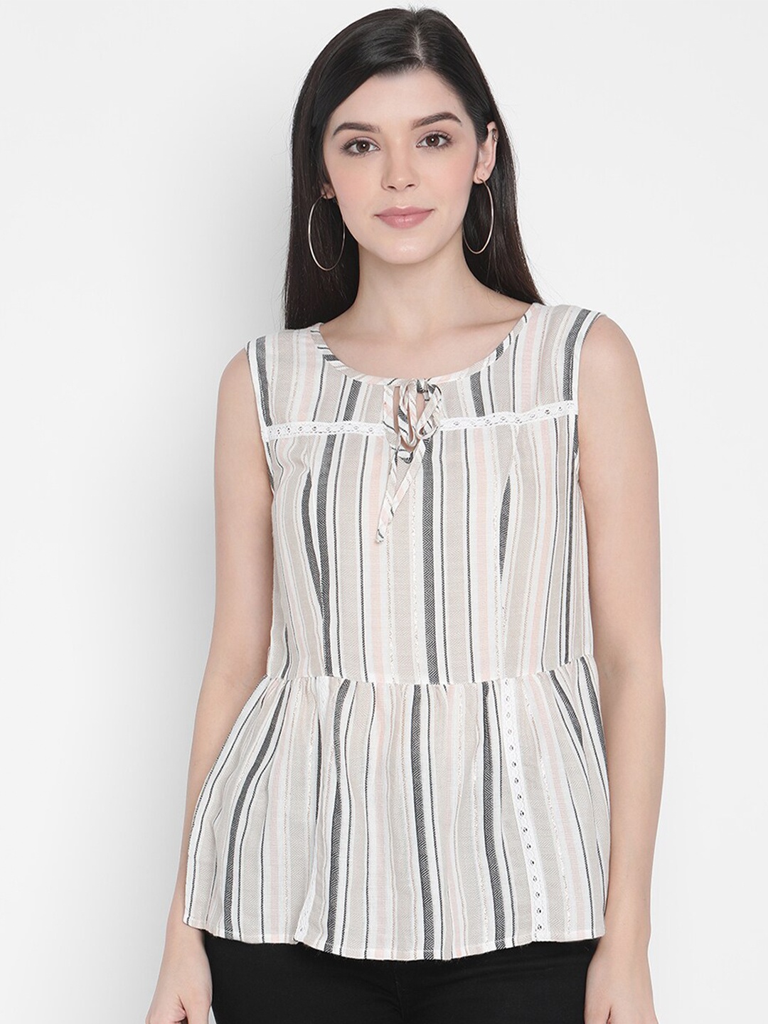 

Porsorte Multicoloured Striped Tie-Up Neck Peplum Top, Multi
