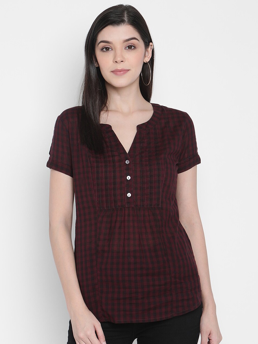 Porsorte Brown & Black Checked Cotton Regular Top