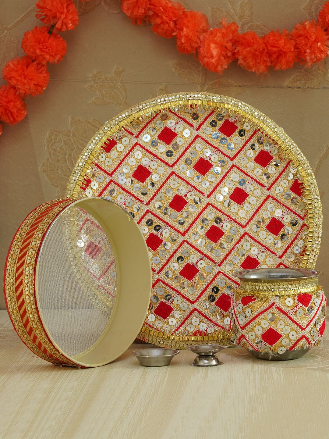 

TIED RIBBONS Off-White & Gold-Coloured Designer Karwachauth Pooja Thali Set