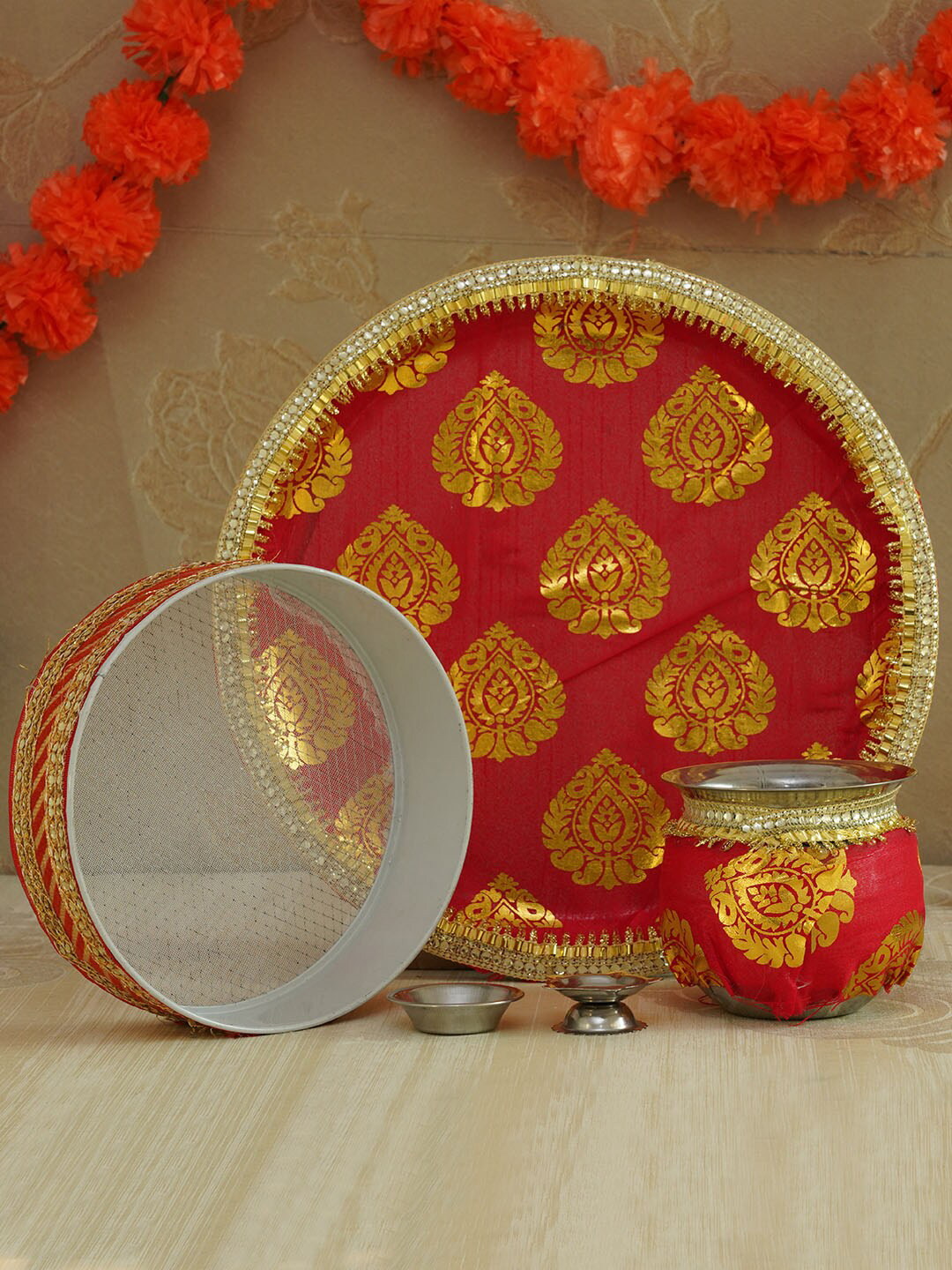 

TIED RIBBONS Red & Gold-Coloured Designer Karwachauth Pooja Thali Set