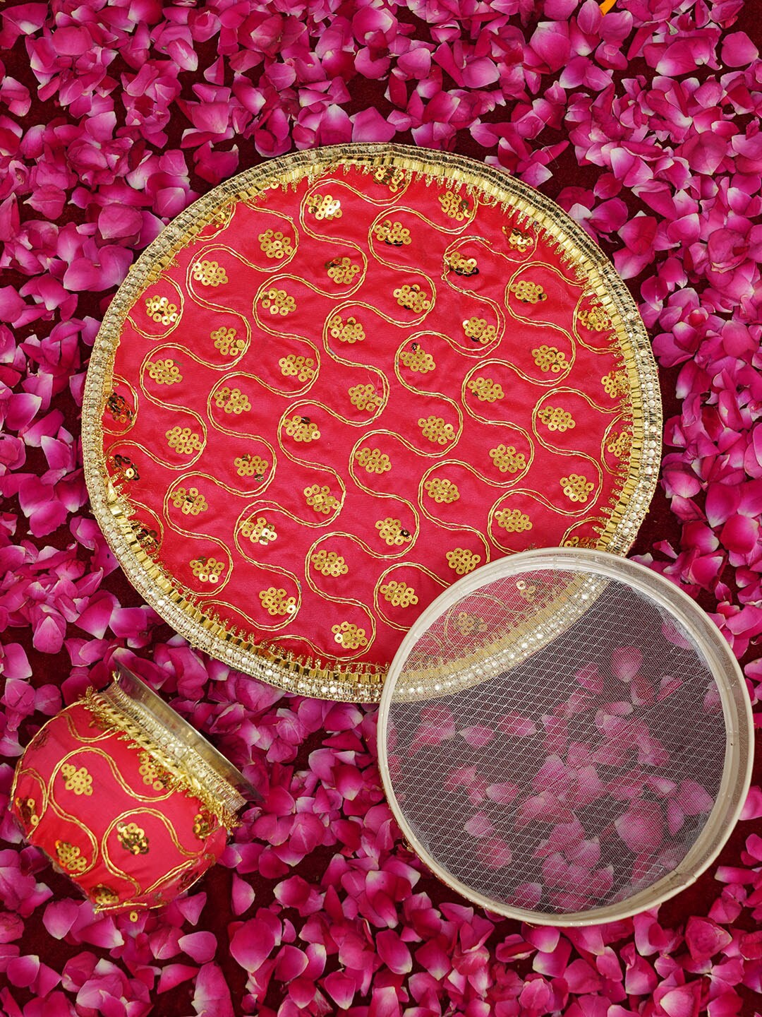 

TIED RIBBONS Red & Gold-Toned Decorated Karwachauth Pooja Thali Set