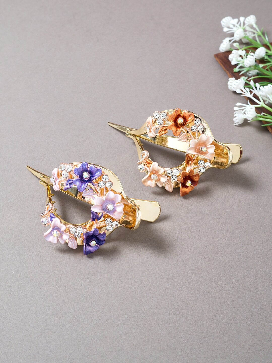 

Golden Peacock Women Gold-Toned & Blue Set of 2 Embellished French Barrette